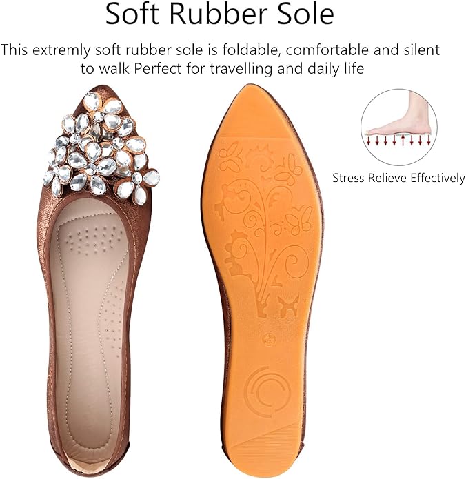 KUNWFNIX Women Ballet Flats Rhinestone Wedding Ballerina Shoes Foldable Sparkly Comfort Slip on Flat Shoes