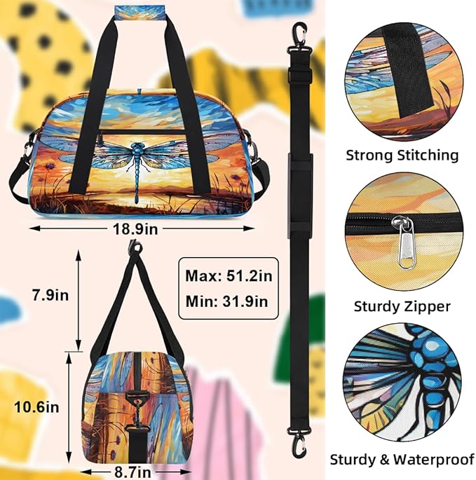 Travel Duffle Bag for travel duffle bag sports Girls Boys Kids Dragonfly Animals Colorful Lightweight Overnight Sleepover Weekender Bags Small Dance Gym Sport Bag Teens Carry-On Size Workout Bag