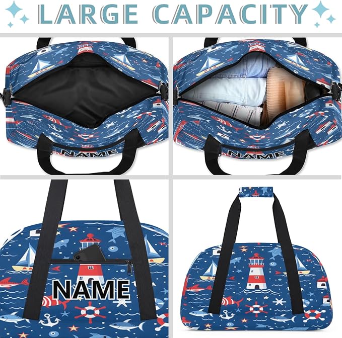 Nautical Coastal Mini Gym Bag 18 inch for Women Men Waterproof Custom Fish Ship Lighthouse Travel Duffel Bag Carry On Overnight Tote Nurse Bag for Work Fitness Hiking