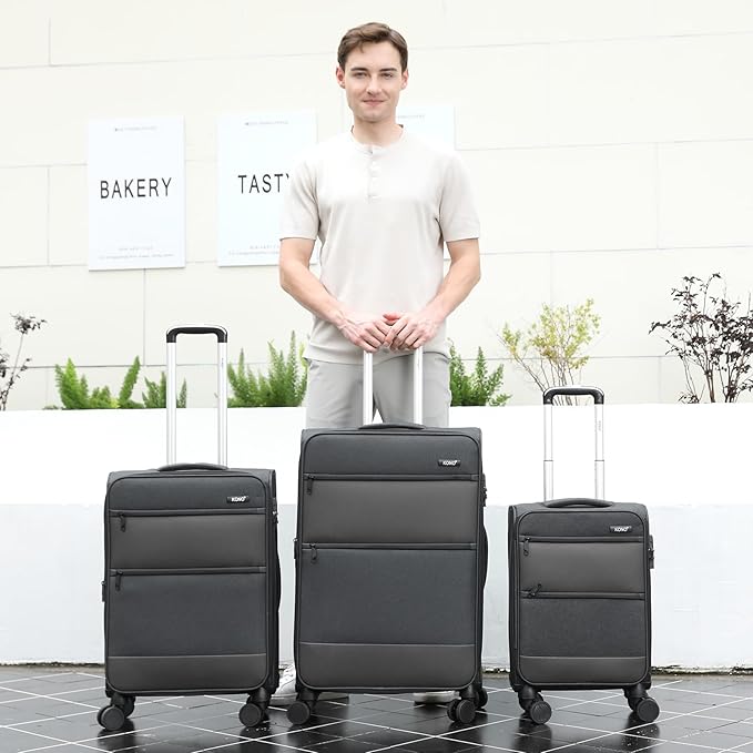 Kono 24 Inch Softside Expandable Checked Luggage with 8 Spinner Wheels TSA Lock Softshell Lightweight Business Travel Suitcase for Men and Women, Black