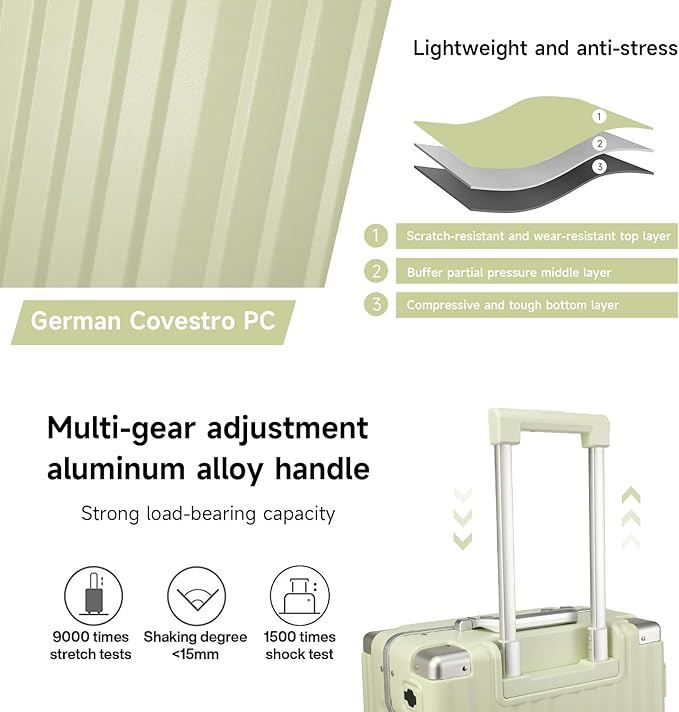 MYER Hard Shell Carry On Luggage 22x14x9 Airline Approved,20 Inch Aluminum Luggage with 100% 3-Layer PC,Carry On Suitcases with Wheels,Cup Holder and USB Port (Vanilla Green, 20 inch)