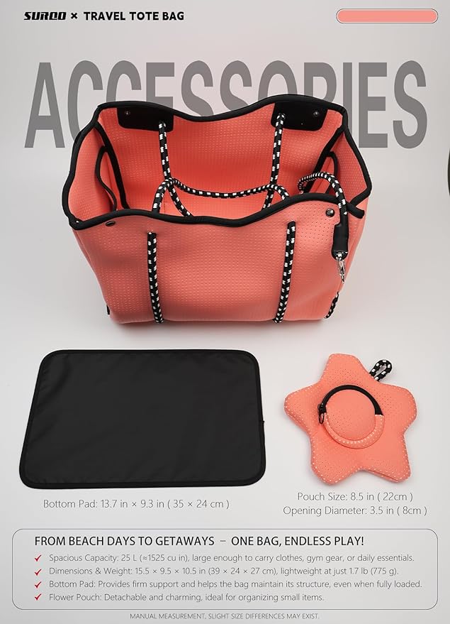 Neoprene Tote Bag for Women, Large Travel Beach Bag with Detachable Pouch, Stylish Lightweight Everyday Carryall