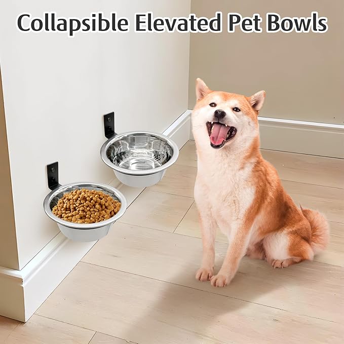 Hamiledyi 6 Pack Wall Mounted Elevated Dog Bowls - Adjustable Height Stainless Steel Raised Food & Water Bowls with Collapsible Stand for Medium & Large Dogs & Cats (M)