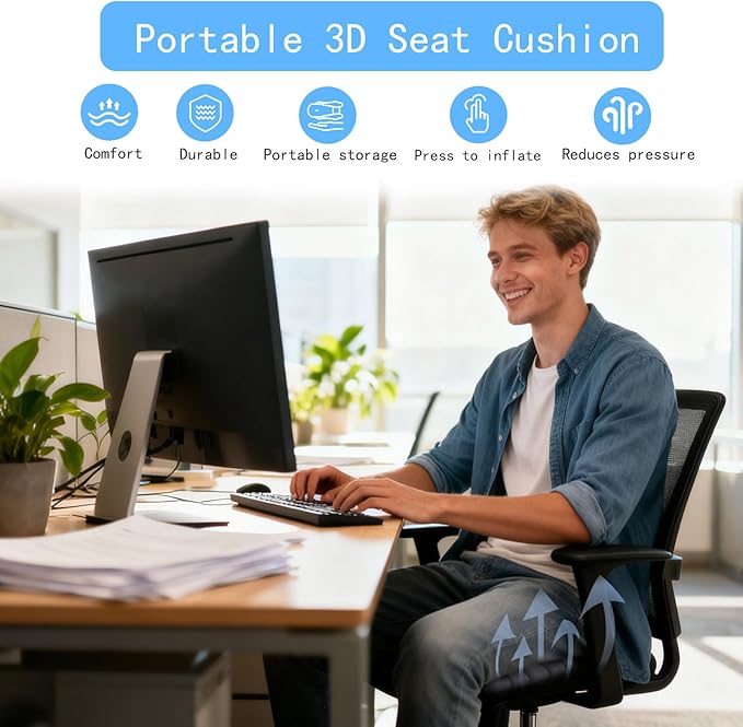 Portable Airplane Seat Cushion Inflatable – 3D Air Cell Tech with Built-in Pump, Adjustable Firmness for Back & Tailbone Support, Ideal for Long Flights, Office, Car, Wheelchair – Comes with Carry Bag