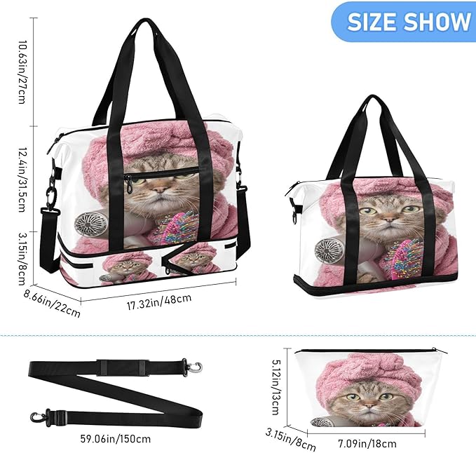 Travel Duffel Bags for Women Cute Cat with Pink Towel & Hair Dryer Sports Duffel Bags Gym Bags with Shoes Compartment Tote Bag Weekender Bag for Travelling