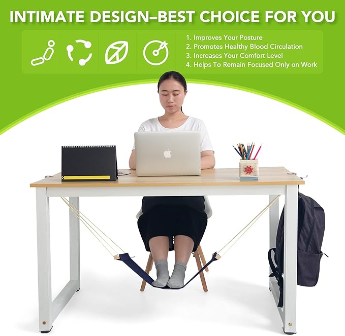 iMissiu Adjustable Office Foot Rest | Portable Under Desk Hammock with Headphones Holder (Blue)