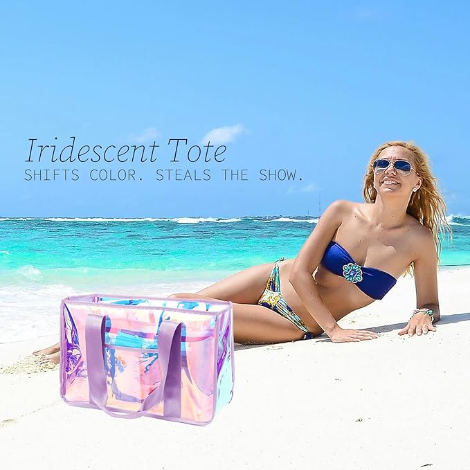 Iridescent Clear Beach Bag for Women, Large Pool Tote Cruise Vacation Essentials - Waterproof, Zipper Closure