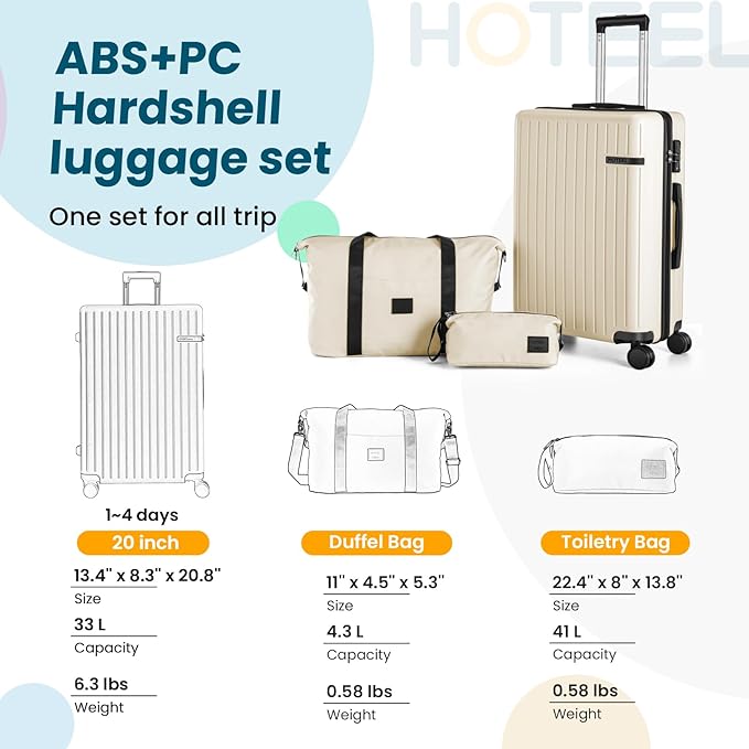 Hoteel Luggage Sets 3 Piece Carry on Luggage with Spinner TSA Lock for Unisex (4-YEAR WARRANTY), ABS+PC Hard Shell Rolling Carry-on Suit Case for Plane, Travel, Business, Off-White (20in/DB/TB)