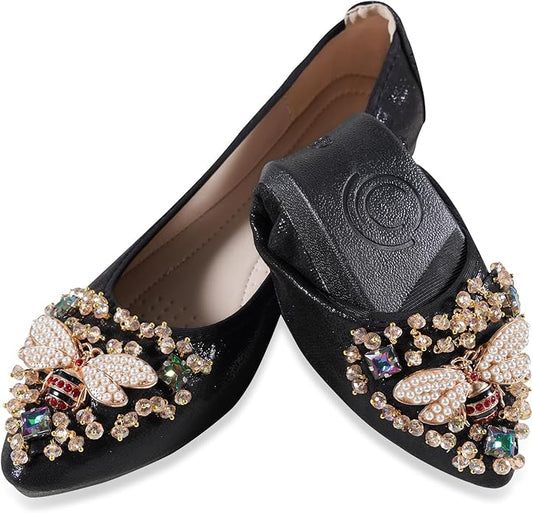 Women Ballet Flats Sparkly Rhinestone Wedding Ballerina Shoes Pointed Toe Foldable Comfort Slip on Flat Dress Shoes