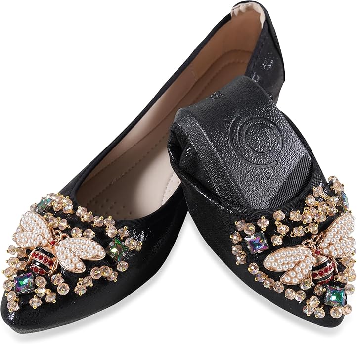 Women Ballet Flats Sparkly Rhinestone Wedding Ballerina Shoes Pointed Toe Foldable Comfort Slip on Flat Dress Shoes