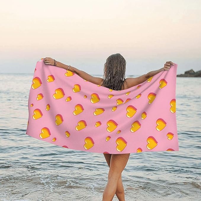 Yellow Hearts On Pink Sand Free Beach Towel – 31.5"X63" Quick Dry Microfiber Beach Towels For Travel, Swimming, Pool, And Camping, Absorbent And Compact Beach Essential For Women, And Men