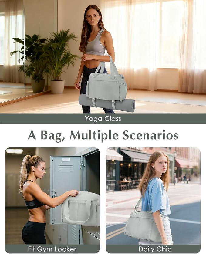 Small Gym Bag, Mini Gym Bag for Women with Yoga Mat Holder and Wet Compartment, Cute Small Yoga Mat Bag with Water Bottle Pocket for Workout Dance, Gray