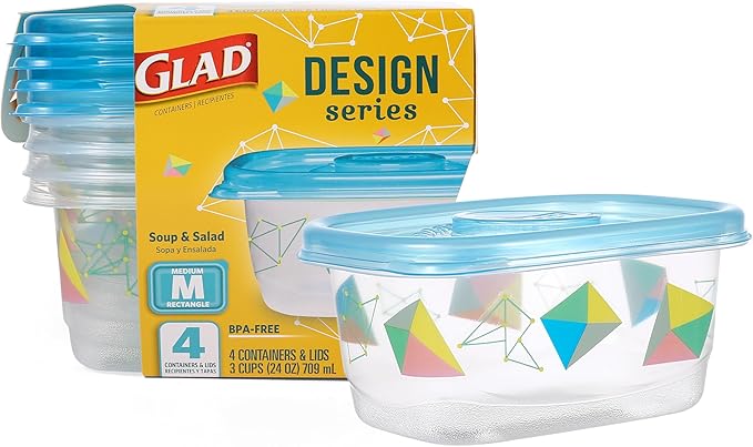 Glad GladWare Design Series Food Storage Containers with Lids, Medium Rectangle No BPA Plastic for Meal Prep and Lunches, Tight Seal, Microwave and Dishwasher Safe, 24 Oz, 4 Count
