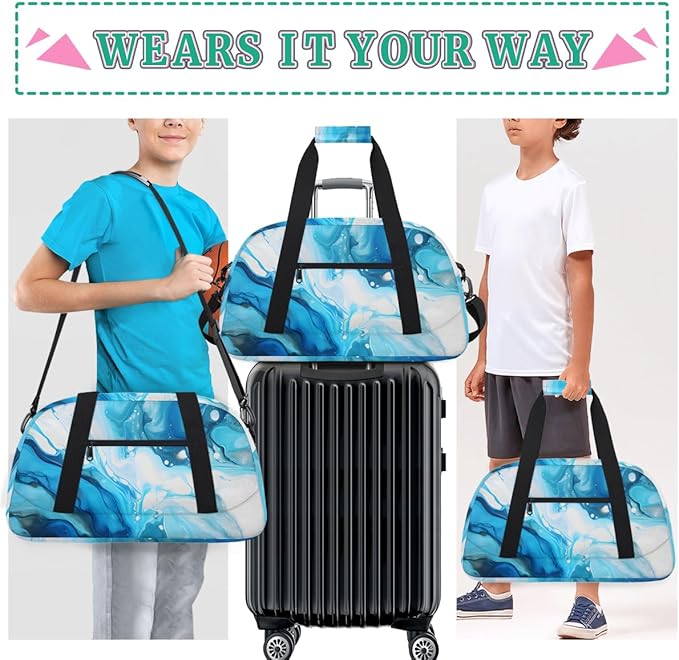 Blue White Fluid Gym Travel Duffle Bag for Women & Men with Front Zipper Pocket for Sports, Overnight, Weekender, Carry On,Workout & Dance Bag,Marble Fluid,18.9 * 8.7 * 10.6 in