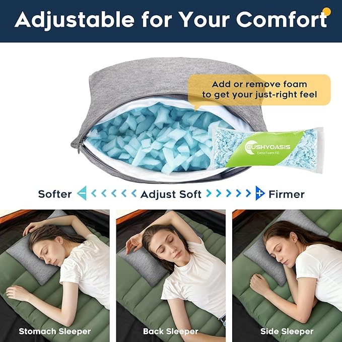 All-in-1 Travel Pillow Set - Shredded Memory Foam Neck Pillow Camping Pillow with Eye Mask, Earplugs, Washable Cover, Compact for Backpacking, Camping, Flights, Car Travel (Small Size)