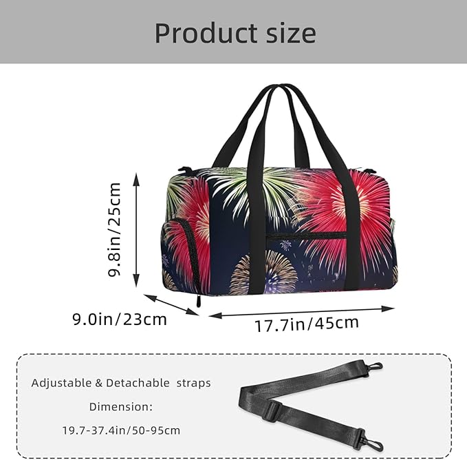 Splendid fireworks Print Gym Bag with Shoe Compartment for Women Men, 17.7in Sports Duffle Weekender Tote, Overnight Travel Duffel Bag Carry On