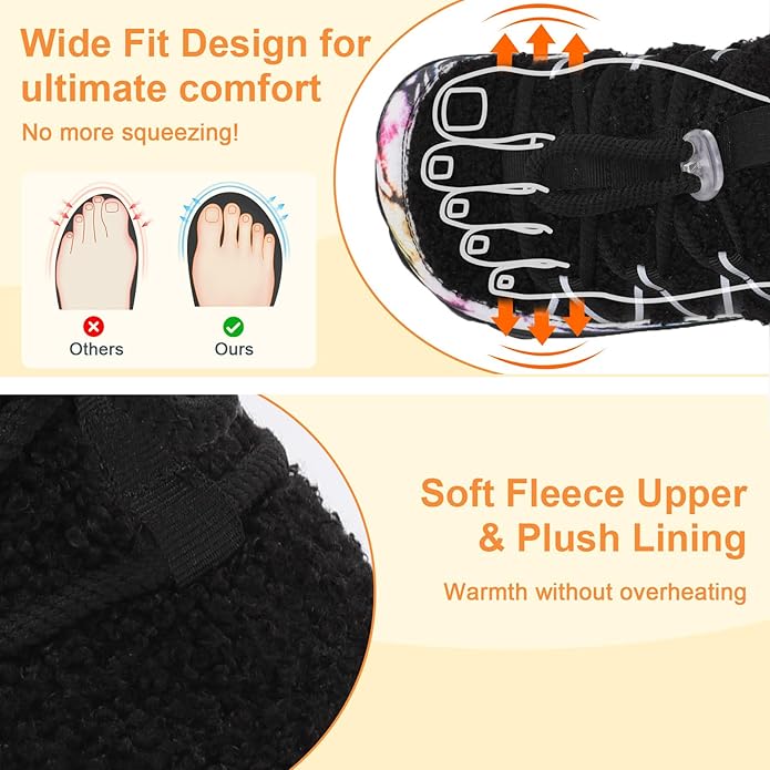 relxfeet Women's Wide Width Slippers Cozy Furry Barefoot House Shoes with Adjustable Fit Non-Slip Indoor Outdoor Slippers for Diabetic Bunion Swollen Feet Friendly
