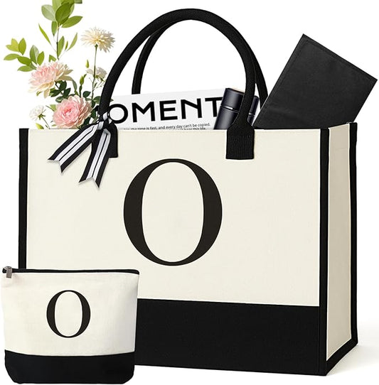 Personalized Canvas Tote Bag for Women Makeup Pouch Initial Beach Bag Removable Bottom Board for Travel Birthday