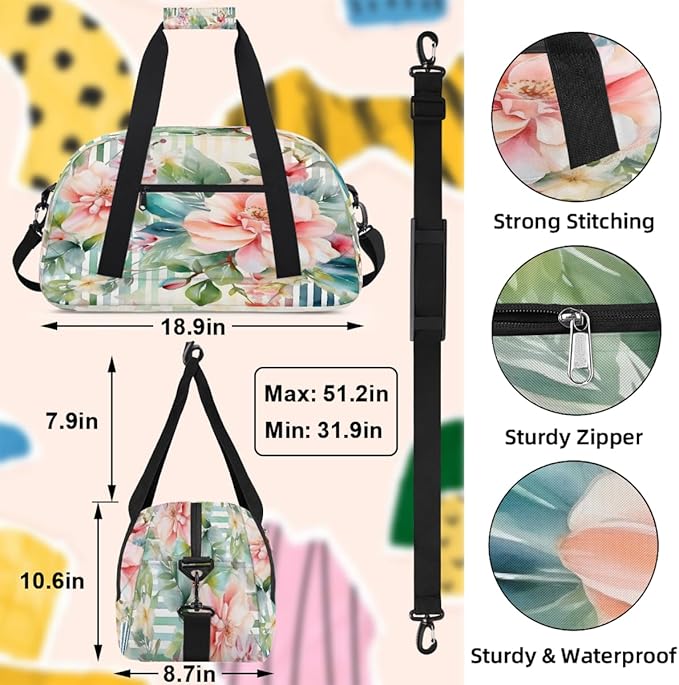Travel Duffle Bag, Peach Floral Stripe Watercolor Waterproof Weekender Overnight Bags for Women Men Lightweight Carry on Duffle Gym Bag for Travel, Sports, Fitness, Workout
