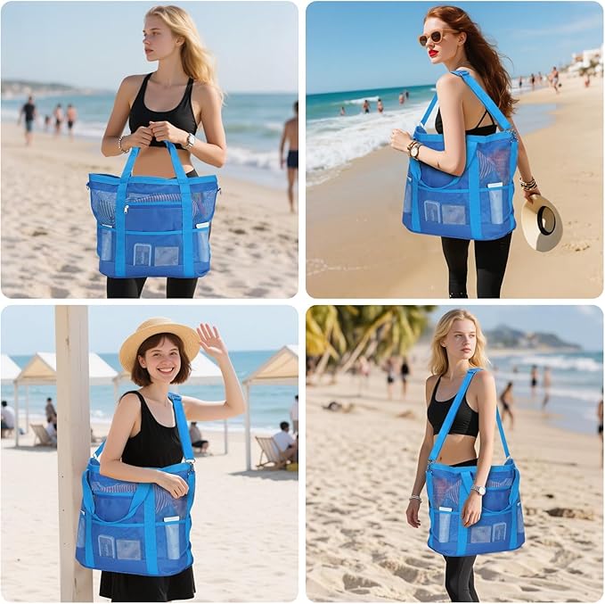 Mesh Beach Bags for Women - Family Beach Tote Bag for Toys, Towels, Travel Vacation Cruise Essentials