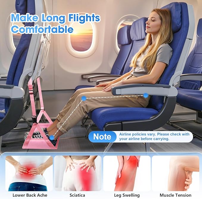 Airplane Foot Rest - Lightweight Foot Hammock for Plane Travel with Adjustable Strap & Thick Board, Tray Table Under Desk Footrest to Relax Feet, Travel Essentials for Long Flights(Pink)