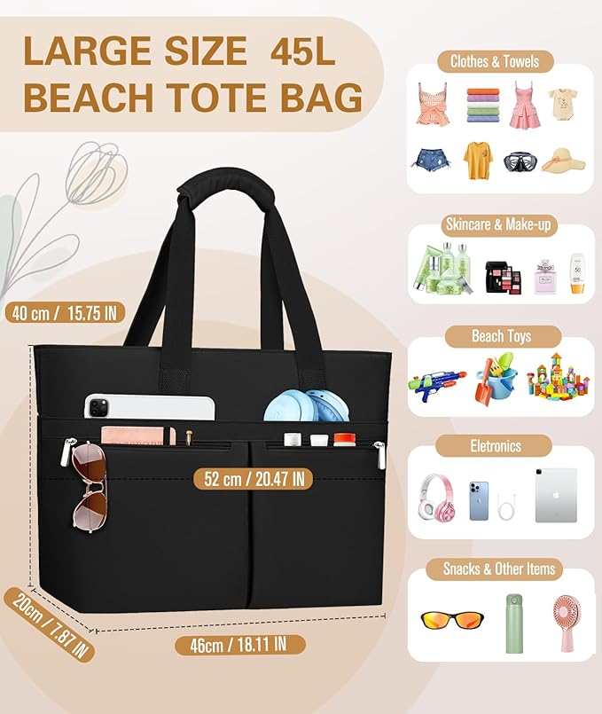 HUANLANG Large Beach Bags for Women Pool Bag with Zipper, Waterproof Sandproof Beach Tote Travel Bag with Wet Pocket | Waterproof, Large capacity, Dry/wet separation, Durable fabric, Cooling function, sandproof