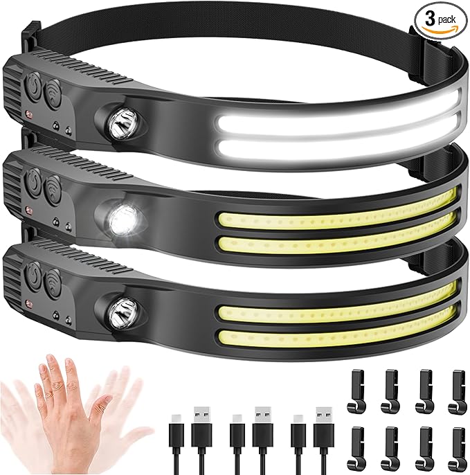 3Pack LED Headlamp Rechargeable - 230° COB Super Bright Head Lights for Forehead, Hard hat Light for Adults, USB C Headband Flashlight for Work, Running, Hunting, Camping Essentials Gear