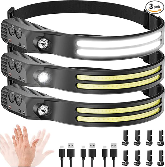 3Pack LED Headlamp Rechargeable - 230° COB Super Bright Head Lights for Forehead, Hard hat Light for Adults, USB C Headband Flashlight for Work, Running, Hunting, Camping Essentials Gear