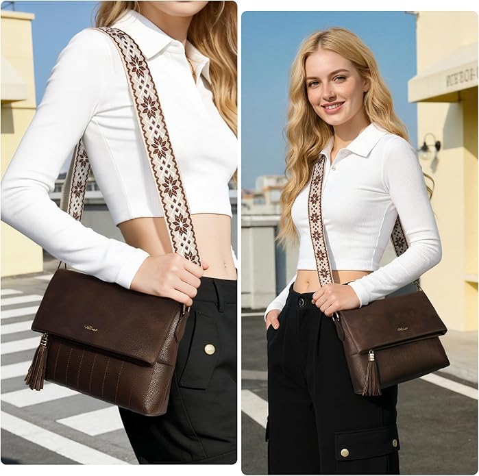 Women's Leather Crossbody Bags Anti Theft Purses RFID Blocking Handbags Trendy Travel Adjustable Strap Tassel