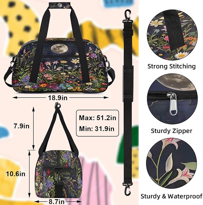 Travel Duffle Bag for travel duffle bag sports Girls Boys Kids Night View Moon Flowers Lightweight Overnight Sleepover Weekender Bags Small Dance Gym Sport Bag Teens Carry-On Size Workout Bag