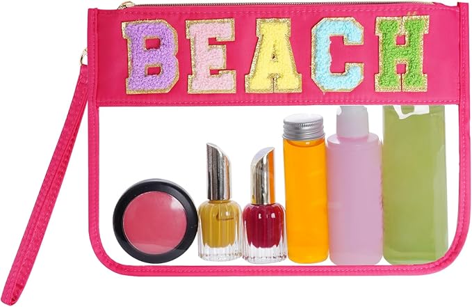 Chenille Letter Bag, Multi-purpose Nylon Clear Makeup Cosmetic Bags Flat Pouches with Zipper for Travel, Gym, Beach (Rose Red-Beach)