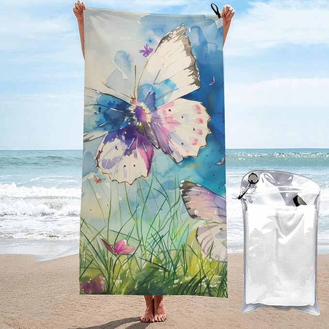Butterflies On Blue Sand Free Beach Towel – 31.5"X63" Quick Dry Microfiber Beach Towels for Travel, Swimming, Pool, and Camping, Absorbent and Compact Beach Essential for Women, and Men