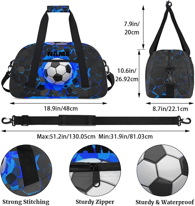 Personalized Name Sports Bag for Kids Boys, Custom Gym Duffel Fitness Travel Weekender Tote Carry-On Training Perform Bag, Soccer Black Blue