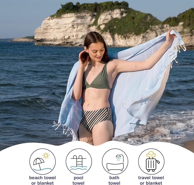 Turkish Beach Towels, Bulk Case of 36 | Oversized, Quick Dry, Sand Free | 100% Cotton, Large 38x71 Towels for Beach, Pool, Travel | Ultra-Soft, Compact, Absorbent | Baby Blue
