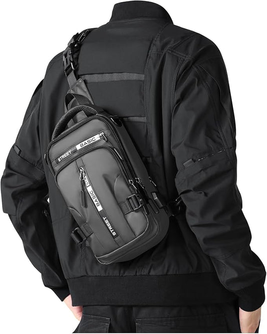 Grey Sling Crossbody Backpack Shoulder Messenger Bag for Men, Mini Anti Theft One Strap Motorcycle Backpack Sling Tactical Chest Bag for Hiking Walking Biking Travel Cycling