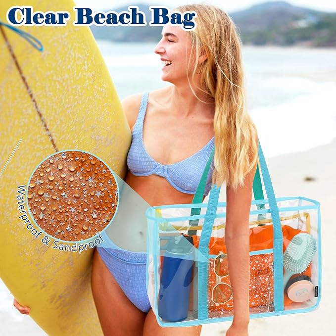 Clear Beach Bag for Women, Large Pool Tote Cruise Vacation Essentials - Zipper Closure, Waterproof, Sandproof