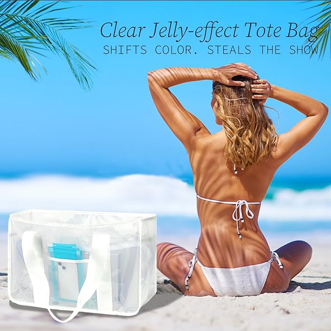 Iridescent Clear Beach Bag for Women, Large Pool Tote Cruise Vacation Essentials - Waterproof, Zipper Closure