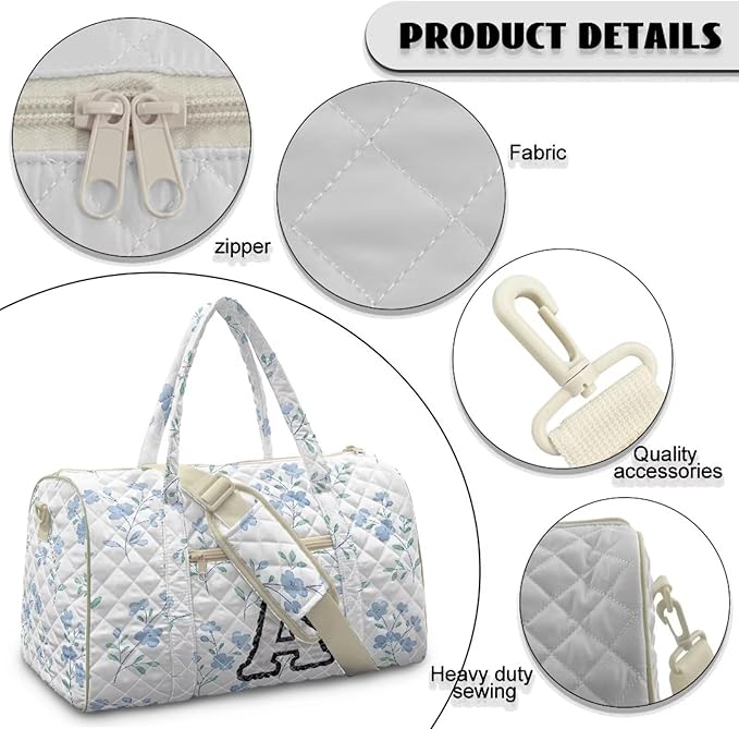 COEQINE Blue Floral Duffle Bag Quilted Tote Bag For Women Medium Personal Item Travel Bag Initial Name A-Z Toiletry Bag Weekender Overnight for Workout