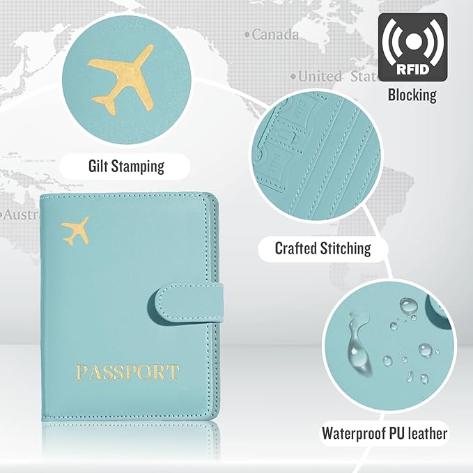 Passport Holder with Airtag Slot Cards Cash Air Ticket Pocket, Travle Gifts for Women Men RFID Blocking Wallet, Passport Book Cover Case Light Cyan