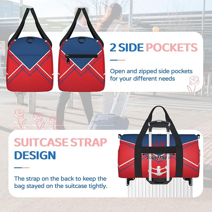 Custom Gym Dance Bag Cheerleading, Personalized Sports Bag for Teens Waterproof Weekender Carry Practice Travel Tote, Steel Blue with Red Cheer Team