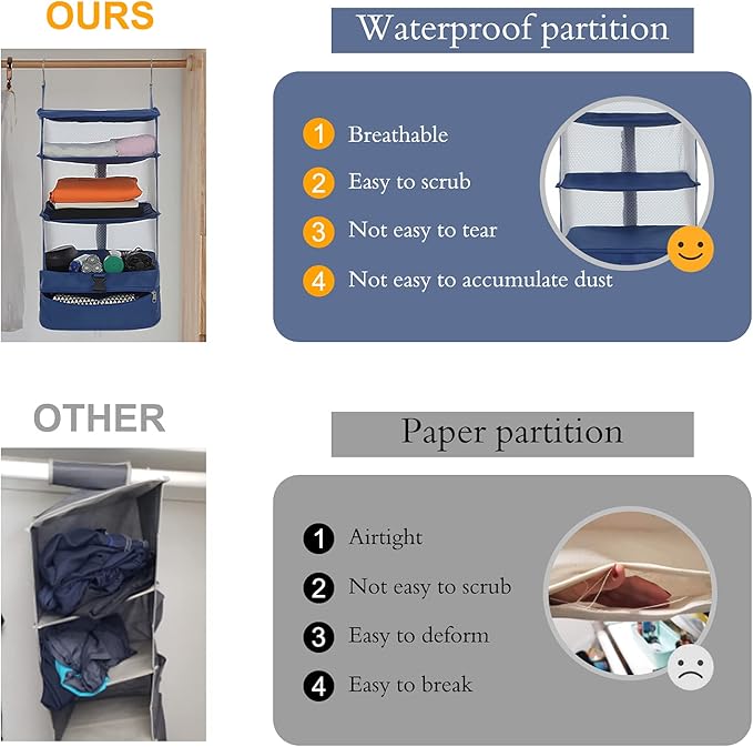 Surblue Hanging Closet Storage Bag Collapsible 3-Shelf Washable Oxford Fabric with 2 Hooks (XL 17.71 * 11.81 * 20in, Grey)