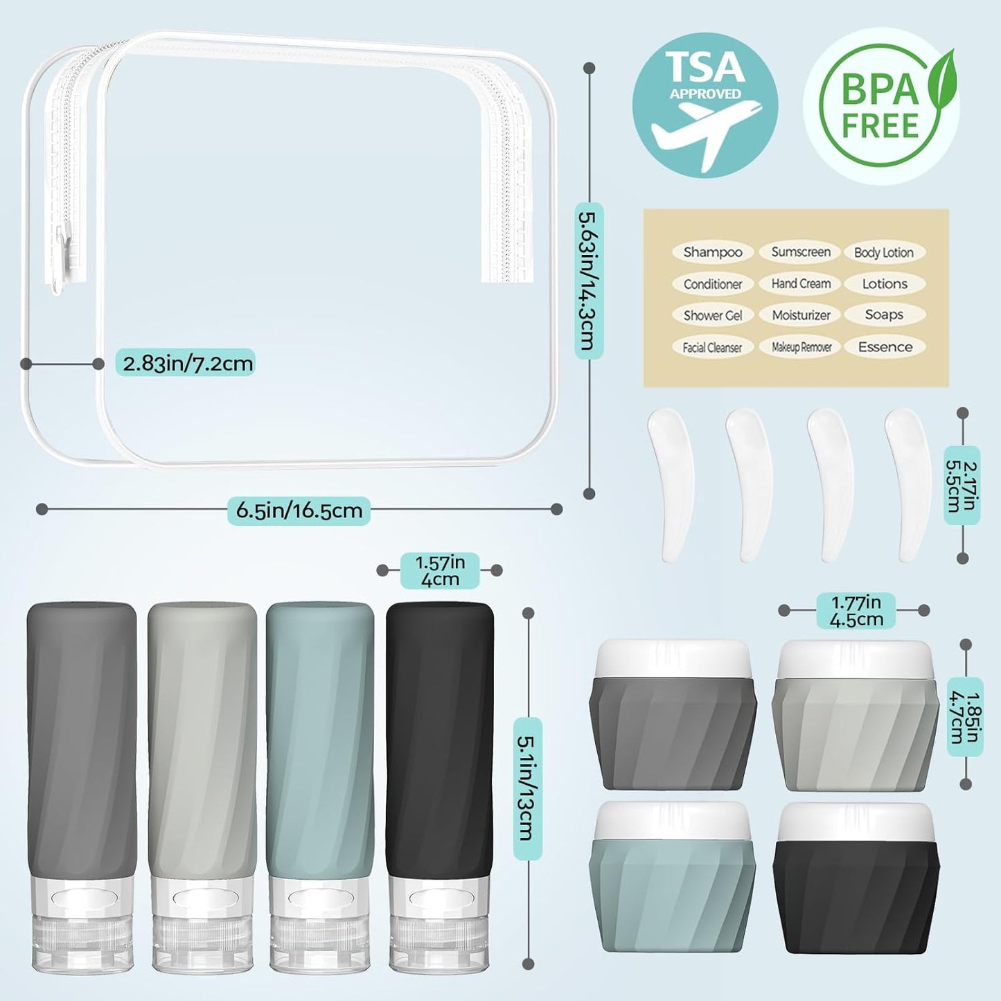 14pack Travel Bottles for Toiletries, TSA Approved Travel Size Toiletries Containers Set, Premium Silicone Leak Proof Refillable Squeezable & Creams jars Accessories Kit W/Clear Bag (Gray)