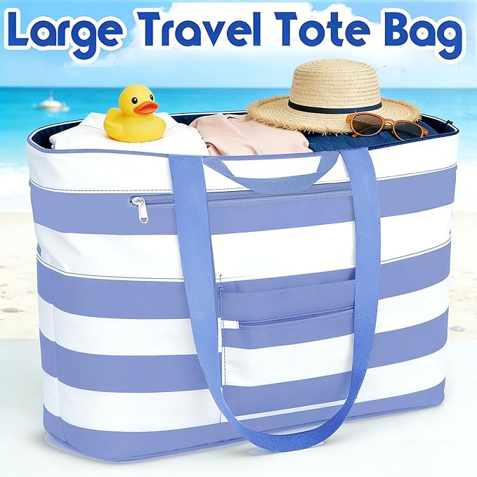 BKNOOU Extra Large Beach Bags Waterproof Sandproof XL Beach Tote Bag for Women Zipper Foldable Swim Pool Bag with Wet Pocket