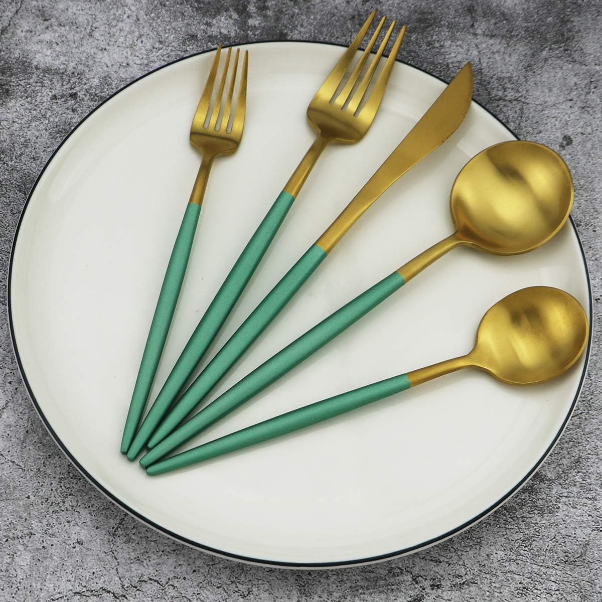 Green Handle Matte Gold Silverware, Gugrida 5-Piece 18/10 Stainless Steel Flatware Set, Kitchen Utensils, Tableware Travel Cutlery for Camping Office Lunch, Satin Finish, Dishwasher Safe