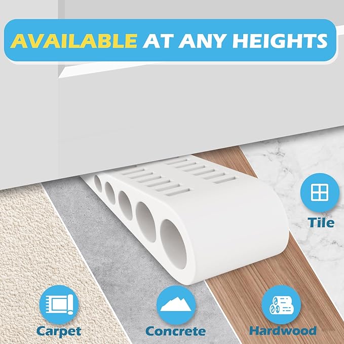 Rubber Door Stoppers for Bottom of Door - 4 Pack Door Stop Wedge with Holder Heavy Duty Doorstop for Home Office Classroom Garage Stackable on Multi Floor Carpet Concrete Tile Linoleum & Wood White