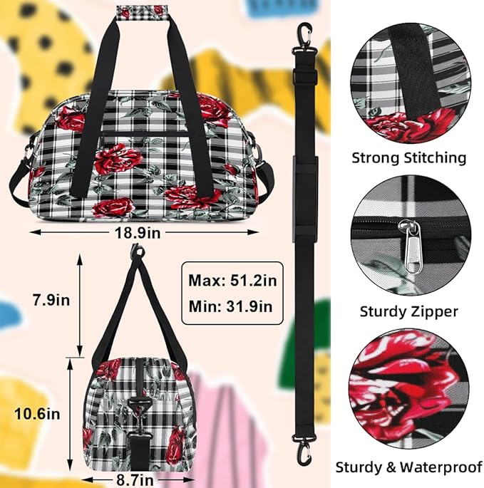 Travel Duffle Bag, Red Rose Black White Plaid Waterproof Weekender Overnight Bags for Women Men Lightweight Carry on Duffle Gym Bag for Travel, Sports, Fitness, Workout