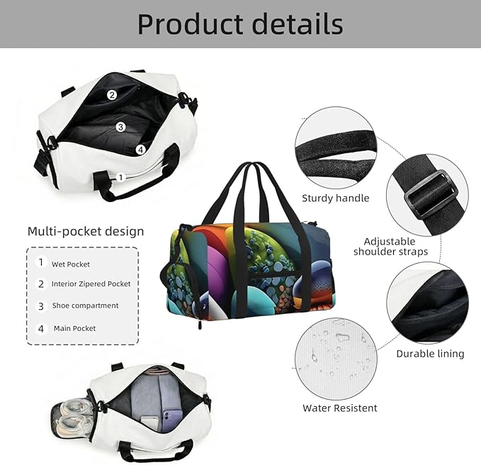 Coloured stones Print Gym Bag with Shoe Compartment for Women Men, 17.7in Sports Duffle Weekender Tote, Overnight Travel Duffel Bag Carry On