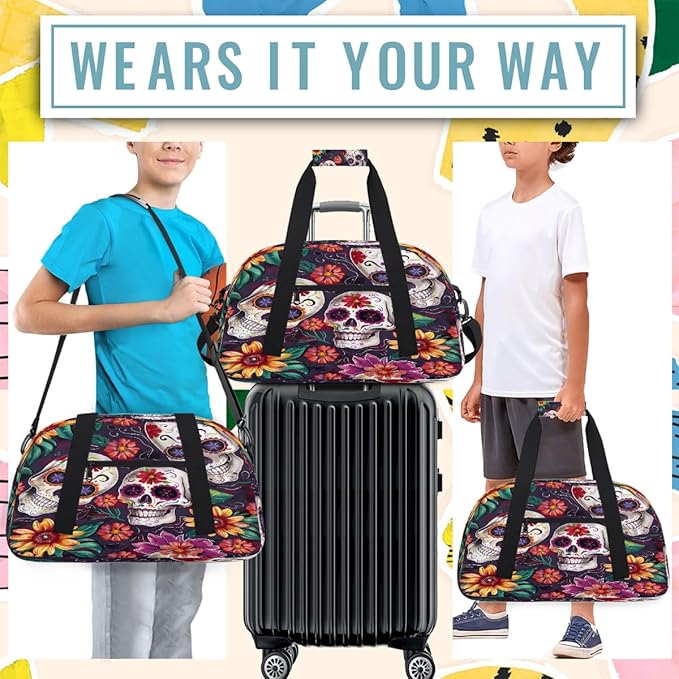 Travel Duffle Bag for travel duffle bag sports Girls Boys Kids Gothic Candy Skull Flowers Lightweight Overnight Sleepover Weekender Bags Small Dance Gym Sport Bag Teens Carry-On Size Workout Bag