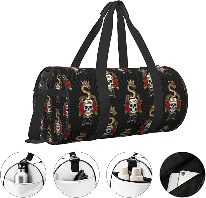 Round Duffel Sports Equipment Bags, Travel Gym Fitness Bag Colorful Tattoo Vintage Snake Skull King for Yoga Workout Swim