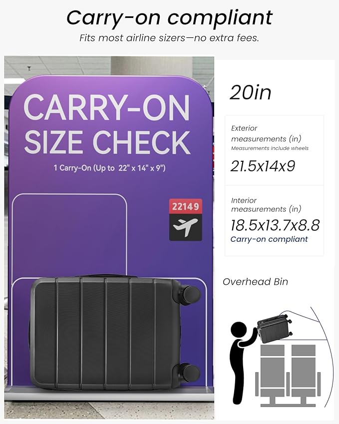 Carry On Luggage 22x14x9 Airline Approved with Spinner Wheels, Expandable Hardside Suitcase, Black
